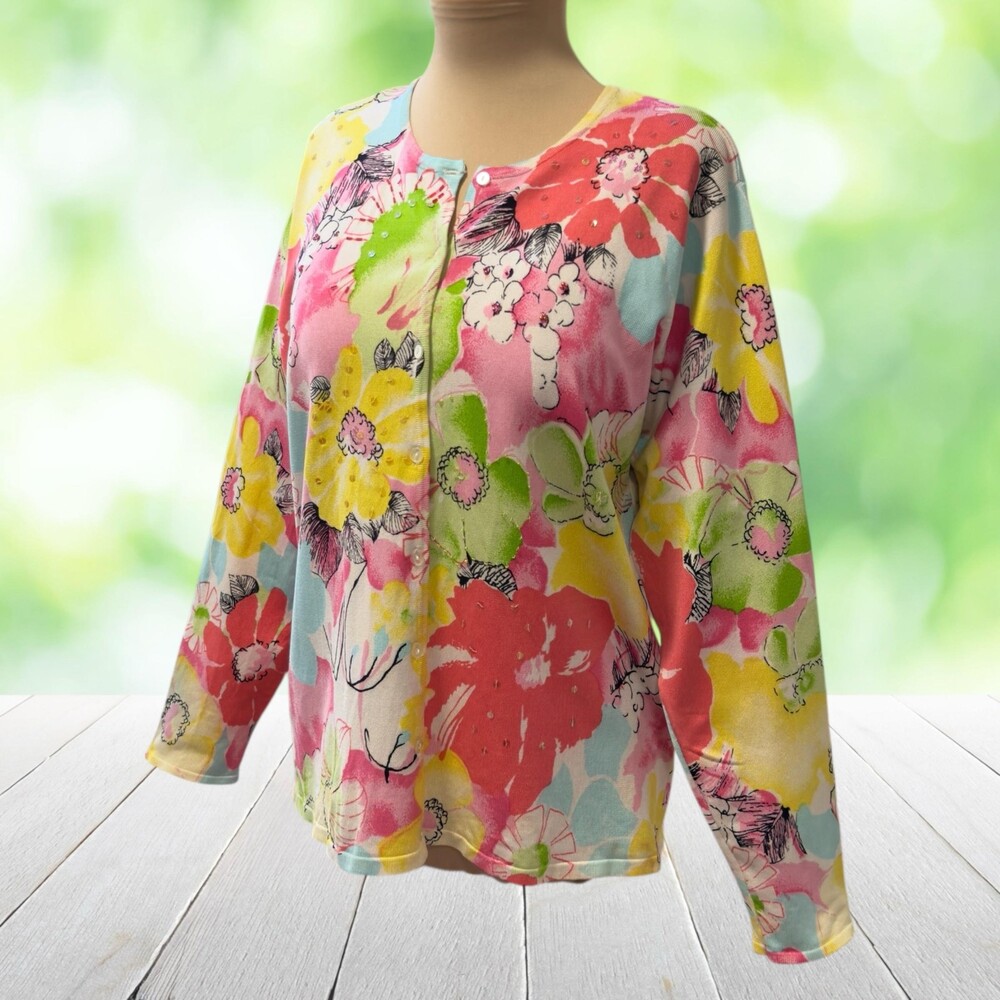 Vintage Floral Cardigan Sweater Silk Bright Pastel Hand Beaded Artsy Sz L